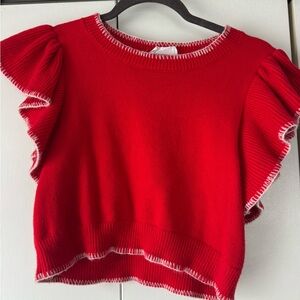 vestique Red Ruffle Sleeve Knit Top with White Trim